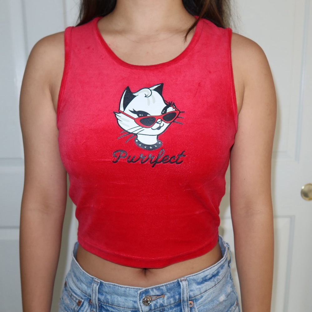 Red velour tank top cat